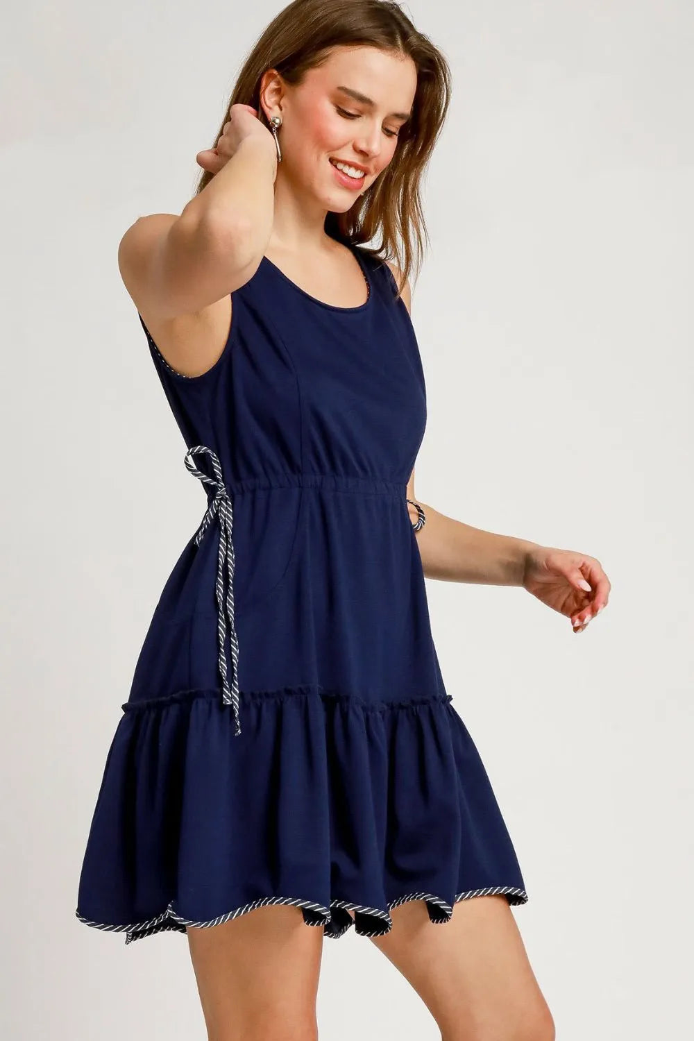 Frill Drawstring Waist Round Neck Mini Tank Dress - Dark Navy - product view 3