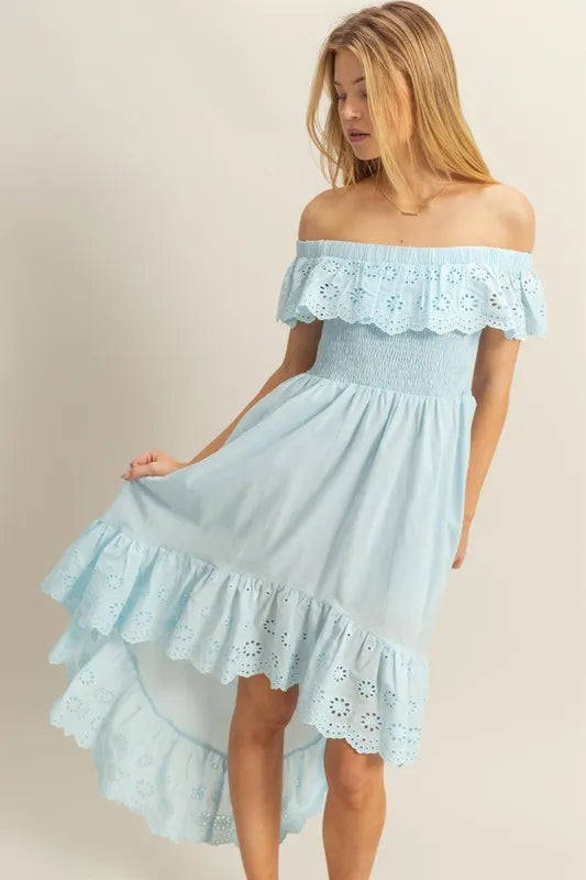 High-Low Eyelet Ruffled Off-Shoulder Dress in Pastel Blue - product view 1