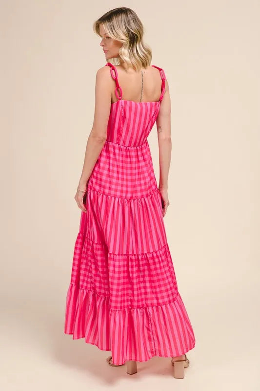 Stripe Tiered Maxi Dress with Colorful Chain Strap in Pink/Red - product view 3