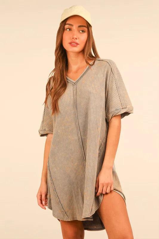 Plus Size Mineral Washed Ribbed Knit Mini Dress - Denim - product view 1