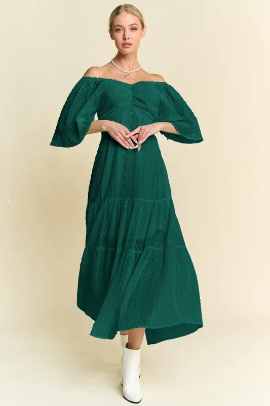 Swiss Dotted Ruched Ruffle Open Back Midi Dress in Forest Green - product view 1
