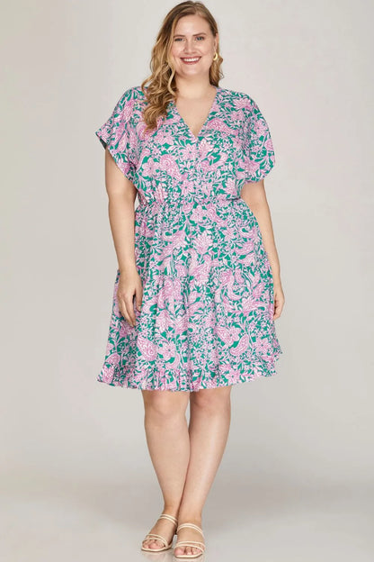 Full Size Ruffled Hem Printed Surplice Kimono Sleeve Mini Dress Plus Size - Turquoise - product view 3