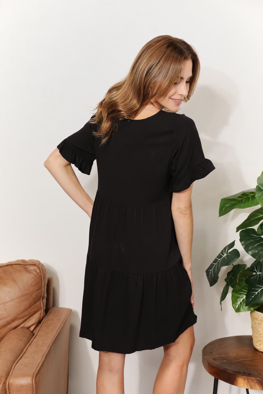 V-Neck Flounce Sleeve Tiered Dress in Dark Blue and Black - product view 11