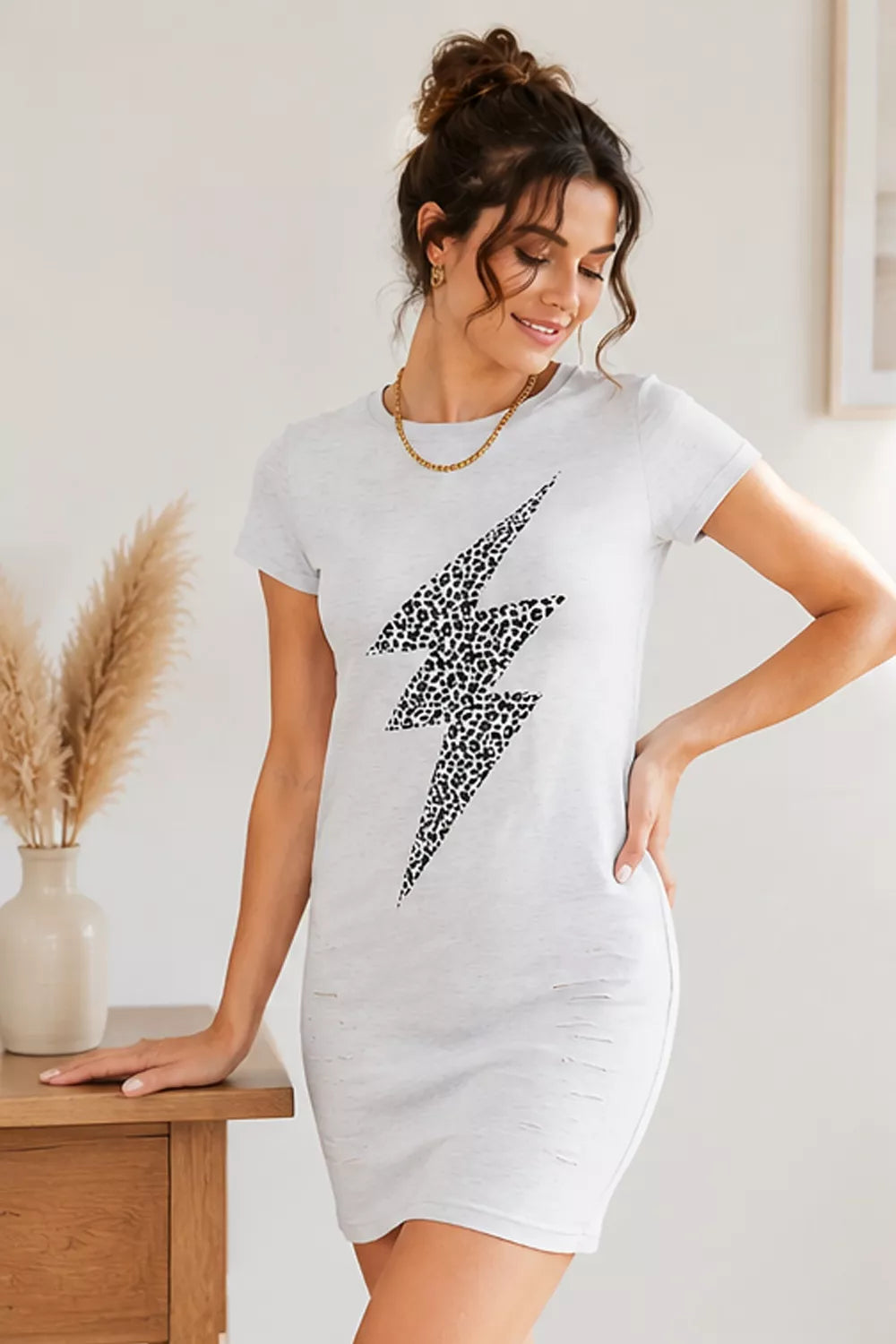 Leopard Lightning Graphic Tee Dress in Light Gray - product view 1