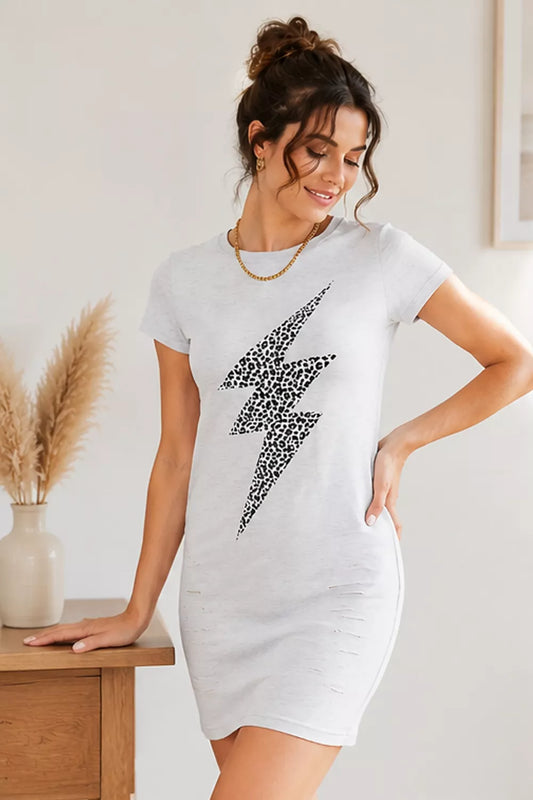 Leopard Lightning Graphic Tee Dress in Light Gray - product view 1
