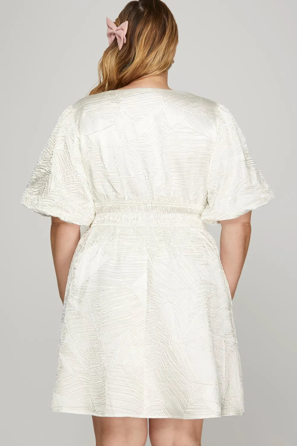 Crinkle Woven V-Neck Balloon Sleeve Mini Dress - Off White - product view 4