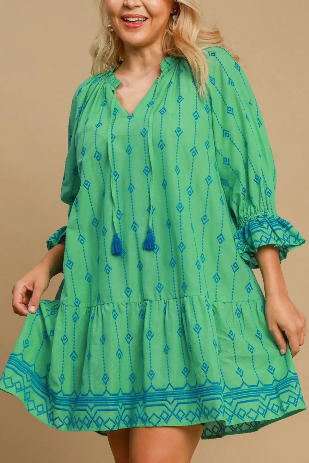 Full Size Tassel Embroidered Flounce Sleeve Mini Dress Plus Size in Green - product view 4