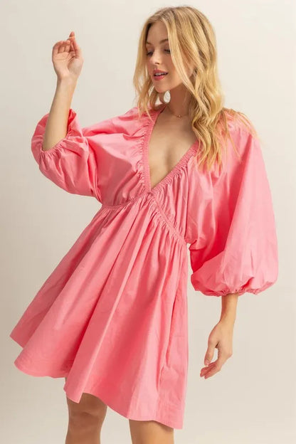 Plunge Balloon Sleeve Poplin Mini Dress with Pockets in Coral - product view 1