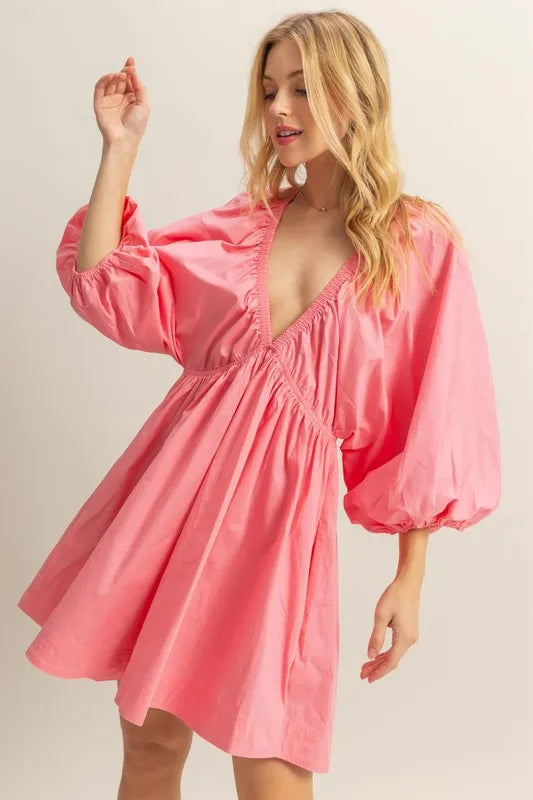Plunge Balloon Sleeve Poplin Mini Dress with Pockets in Coral - product view 1