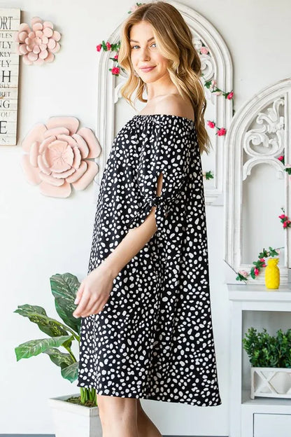 Full Size Short Sleeve Off Shoulder Animal Mini Dress Plus Size in Black/Ivory - product view 10