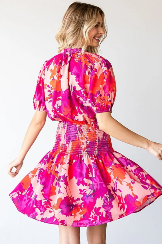Floral Short Sleeve Smocked Mini Dress in Fuchsia Multi - product view 2