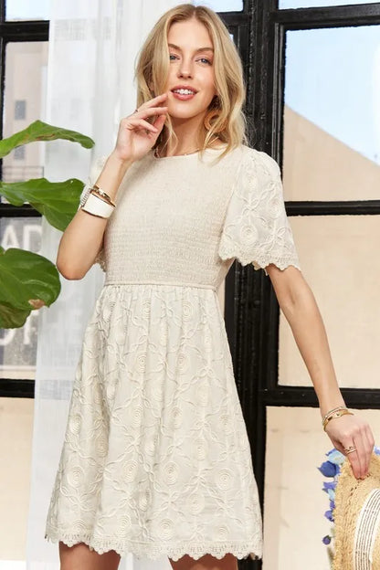 Rround Neck Crinkle Babydoll Dress in Beige - product view 4