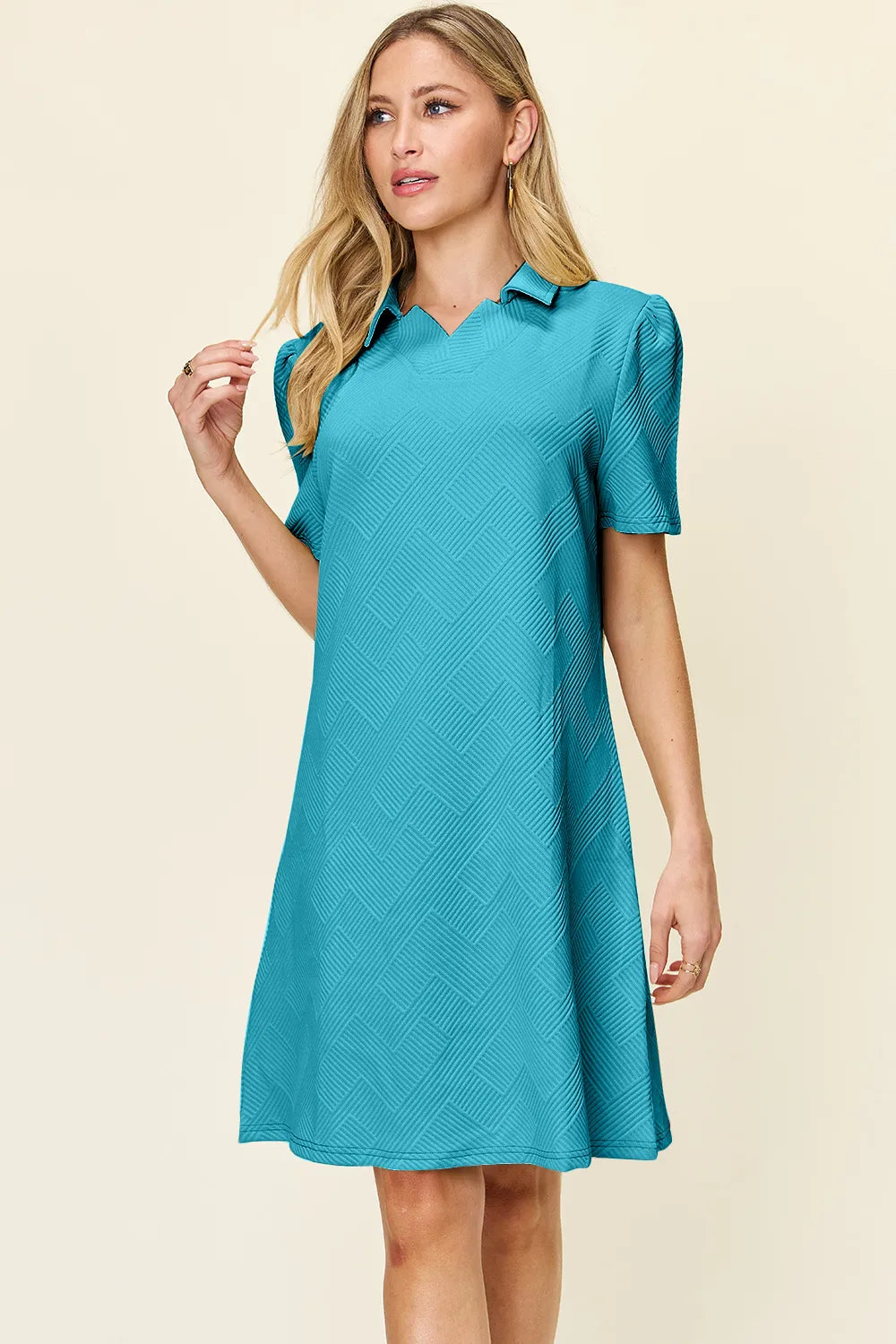 Full Size Texture Collared Neck Short Sleeve Dress in White, Lavender and more - product view 23