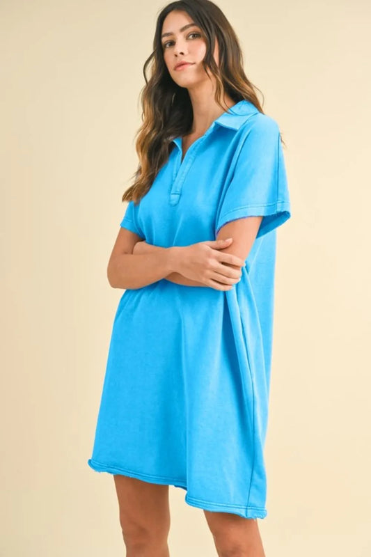Mineral Washed Johnny Collar Short Sleeve Dress - Sky Blue - product view 1