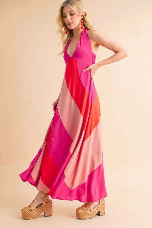 Color Block Sleeveless Maxi Dress in Pink Combo - product view 3