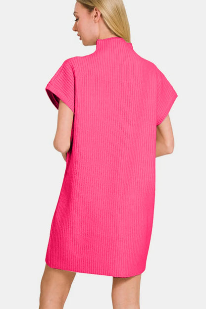 Short Sleeve Sweater Mini Dress - Hot Pink - product view 2