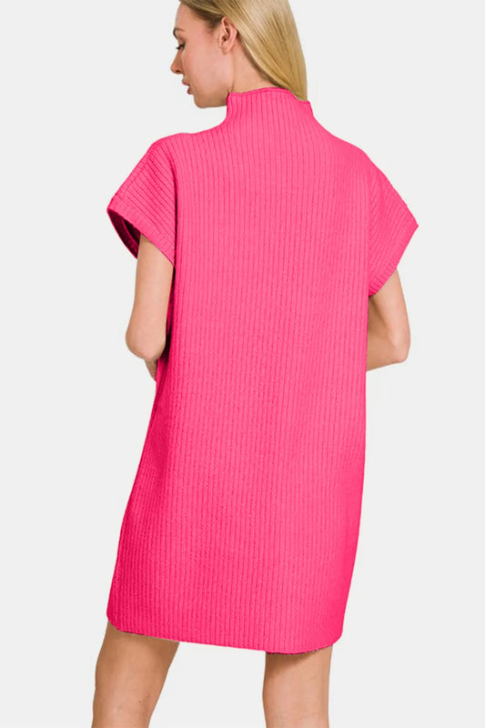 Short Sleeve Sweater Mini Dress - Hot Pink - product view 2