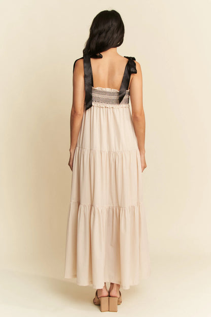 Multi Contrast Smocked Bodice Straps Maxi Dress in Beige - product view 4