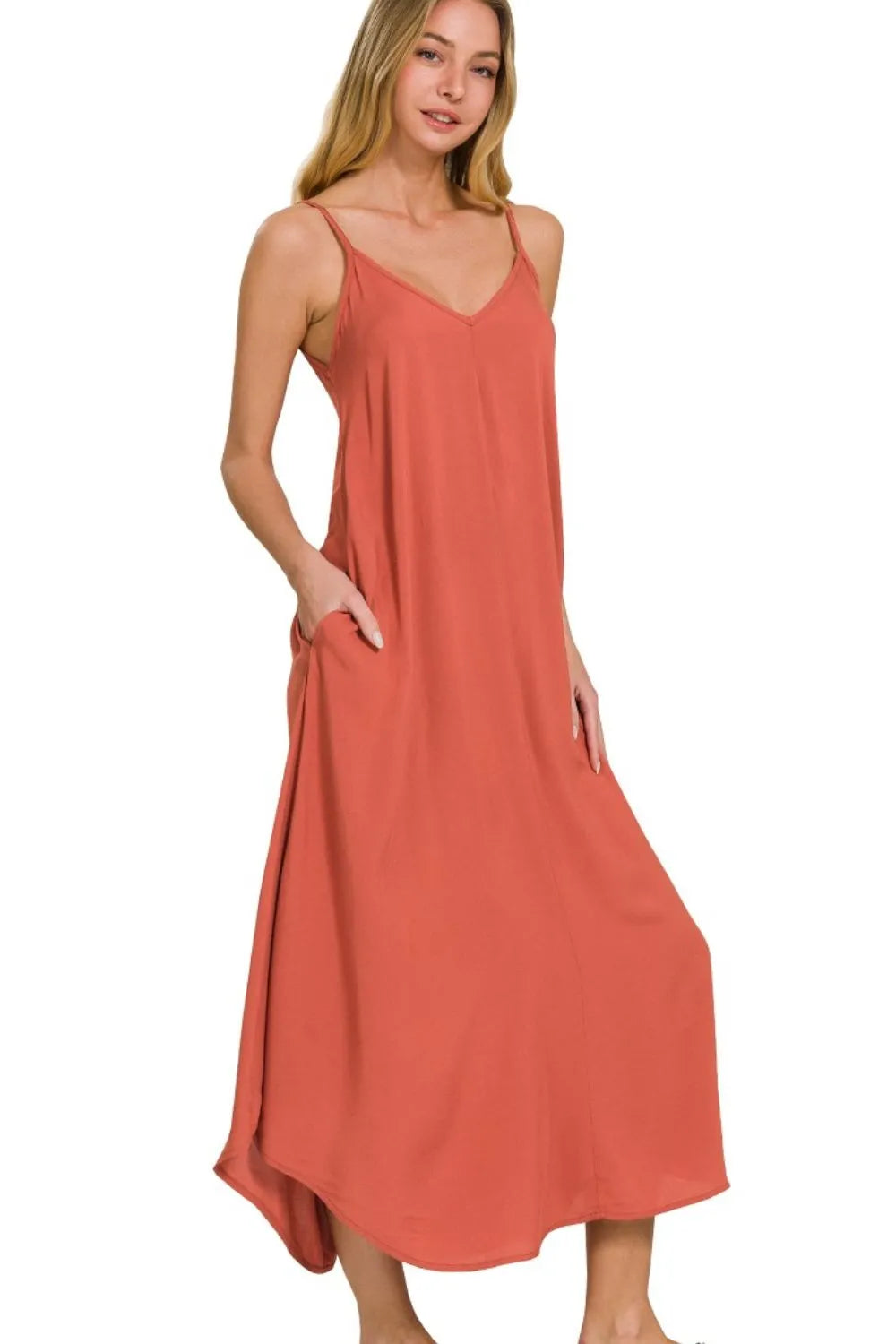 Woven Arc Hem Cami Midi Dress With Flowy Pockets in Rust - product view 1