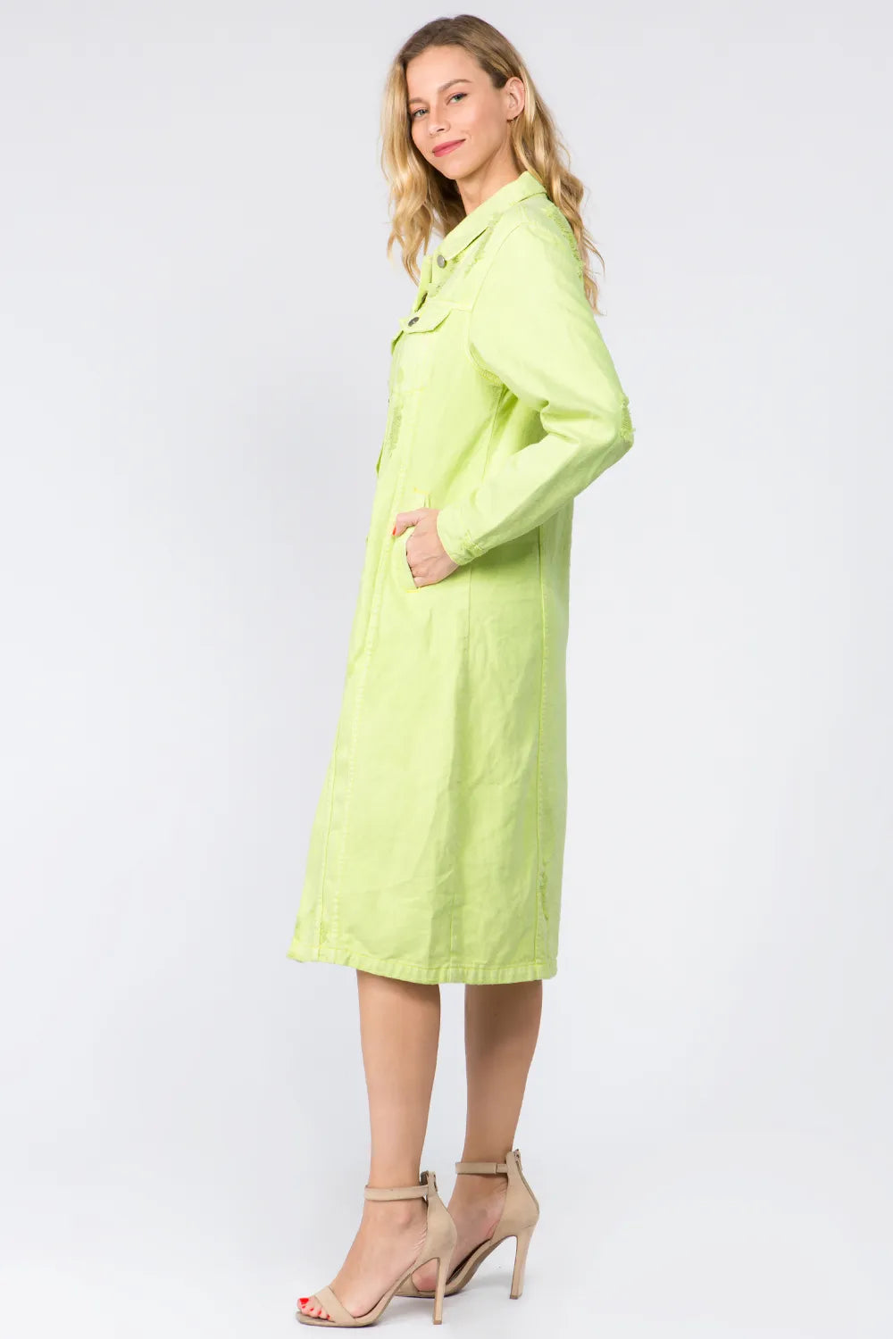 Button Up Distressed Denim Dress in Lime - product view 3