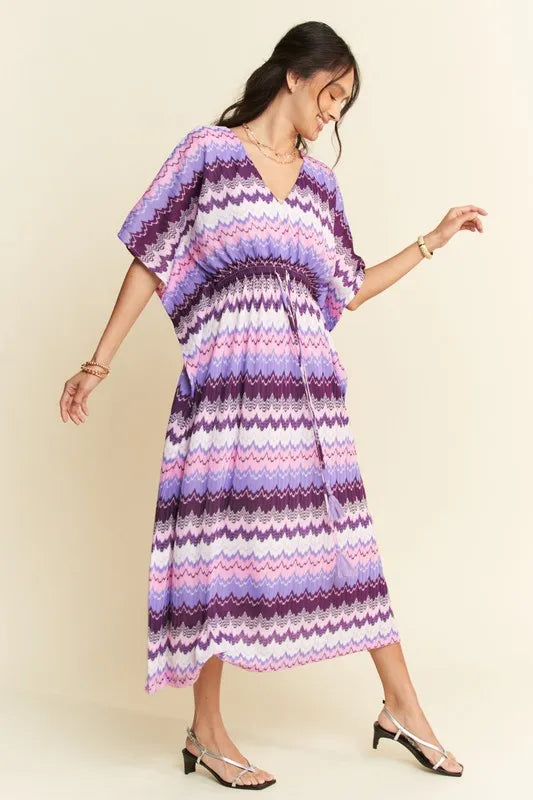 Multi Color Wavy Tie Waist Flowy Sleeve Dress - Lilac Multi - product view 3