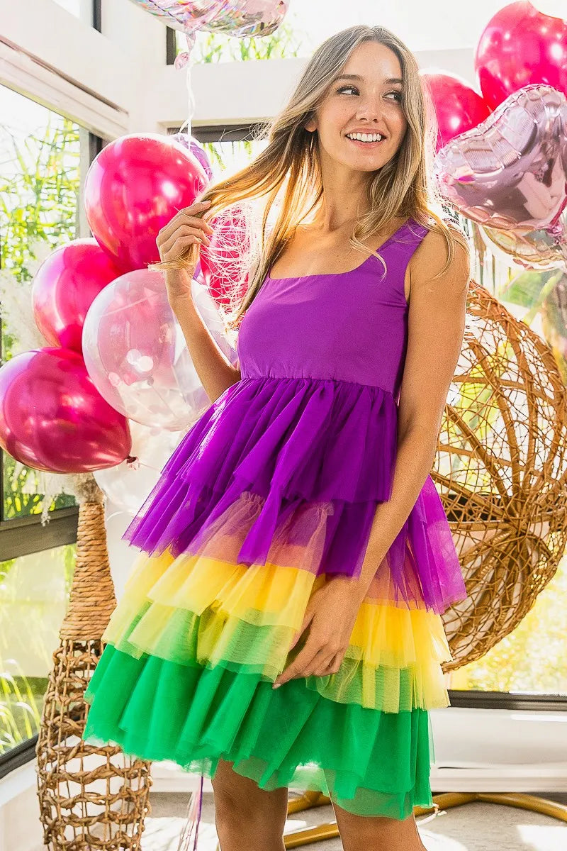 Mardi Gras Color Block Layered Mesh Tiered Dress in Purple/Mustard/Green - product view 8