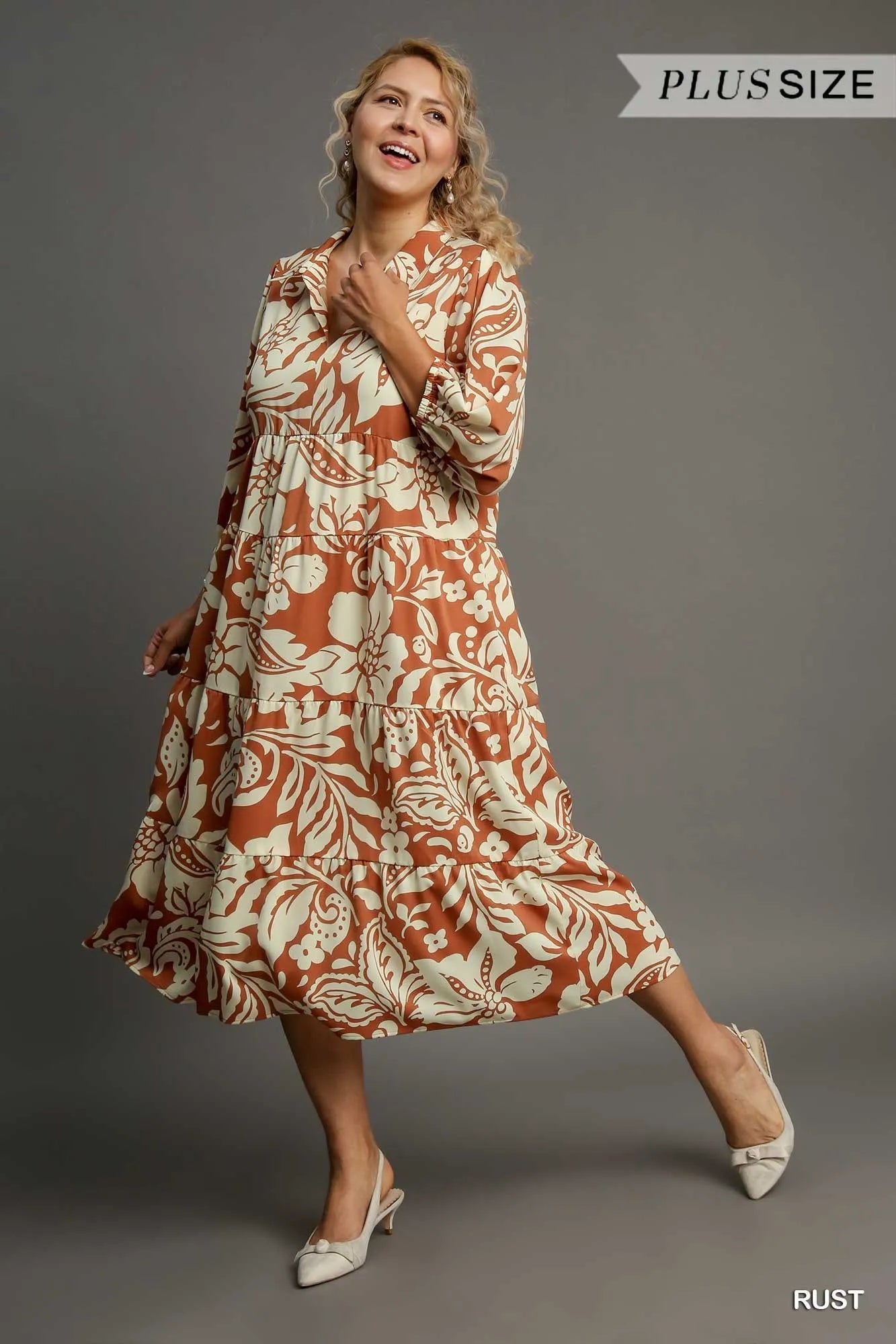 Full Size Floral Tiered Midi Shirt Dress Plus Size in Rust - product view 4