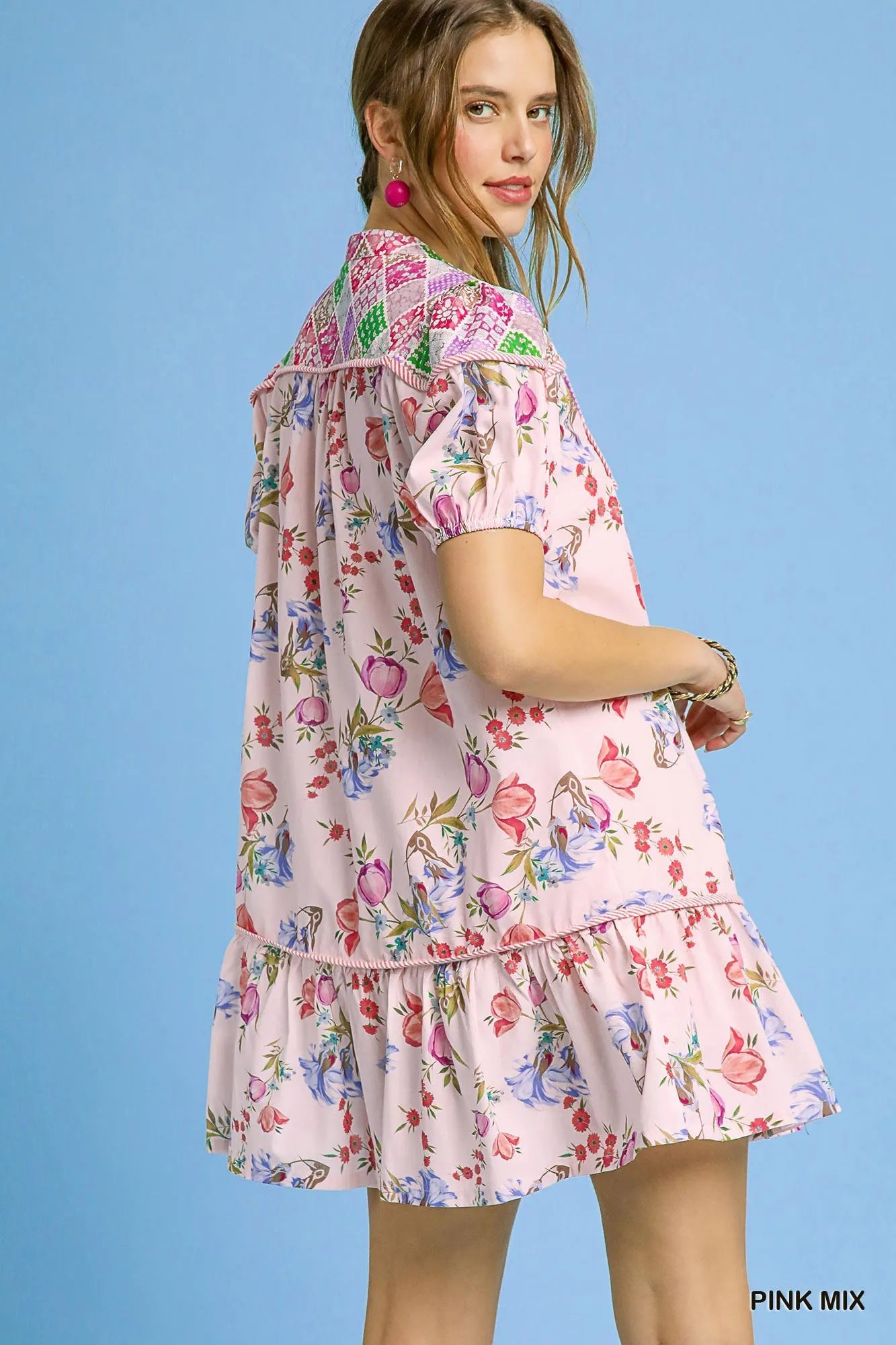 Floral Print Tie Neck Puff Sleeve Dress - Pink - product view 3