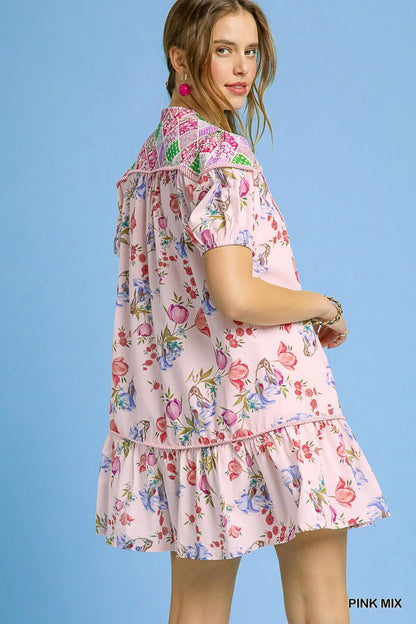 Floral Print Tie Neck Puff Sleeve Dress - Pink - product view 3