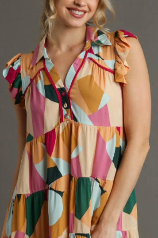 Full Size Button Detail Ruffle Sleeve Mini Dress Plus Size in Peach/Fuchsia - product view 2