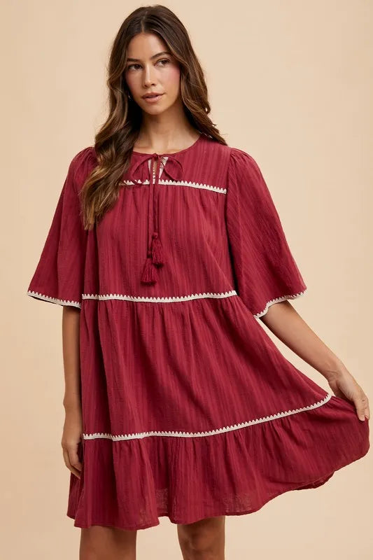 Tassel Contrast Trim Tie Neck Half Sleeve Tiered Dress - Burgundy - product view 4