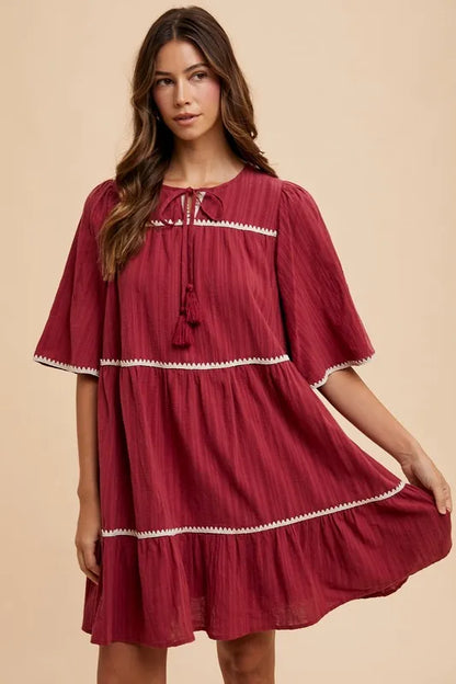 Tassel Contrast Trim Tie Neck Half Sleeve Tiered Dress - Burgundy - product view 4