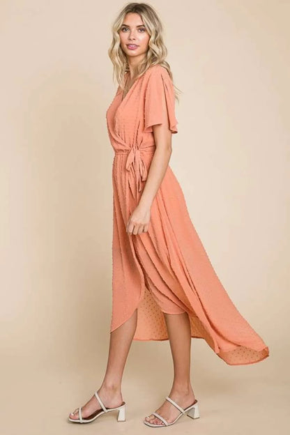 Full Size Swiss Dot Tied Slit Short Sleeve Dress in Cocoa - product view 4