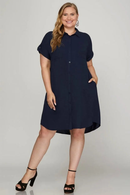Full Size Button Down Short Sleeve Woven Shirt Dress Plus Size - Dark Navy - product view 3