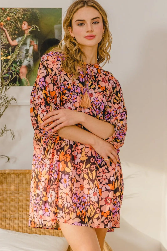Full Size Floral Tied Neck Mini Dress - Black Multi - product view 1