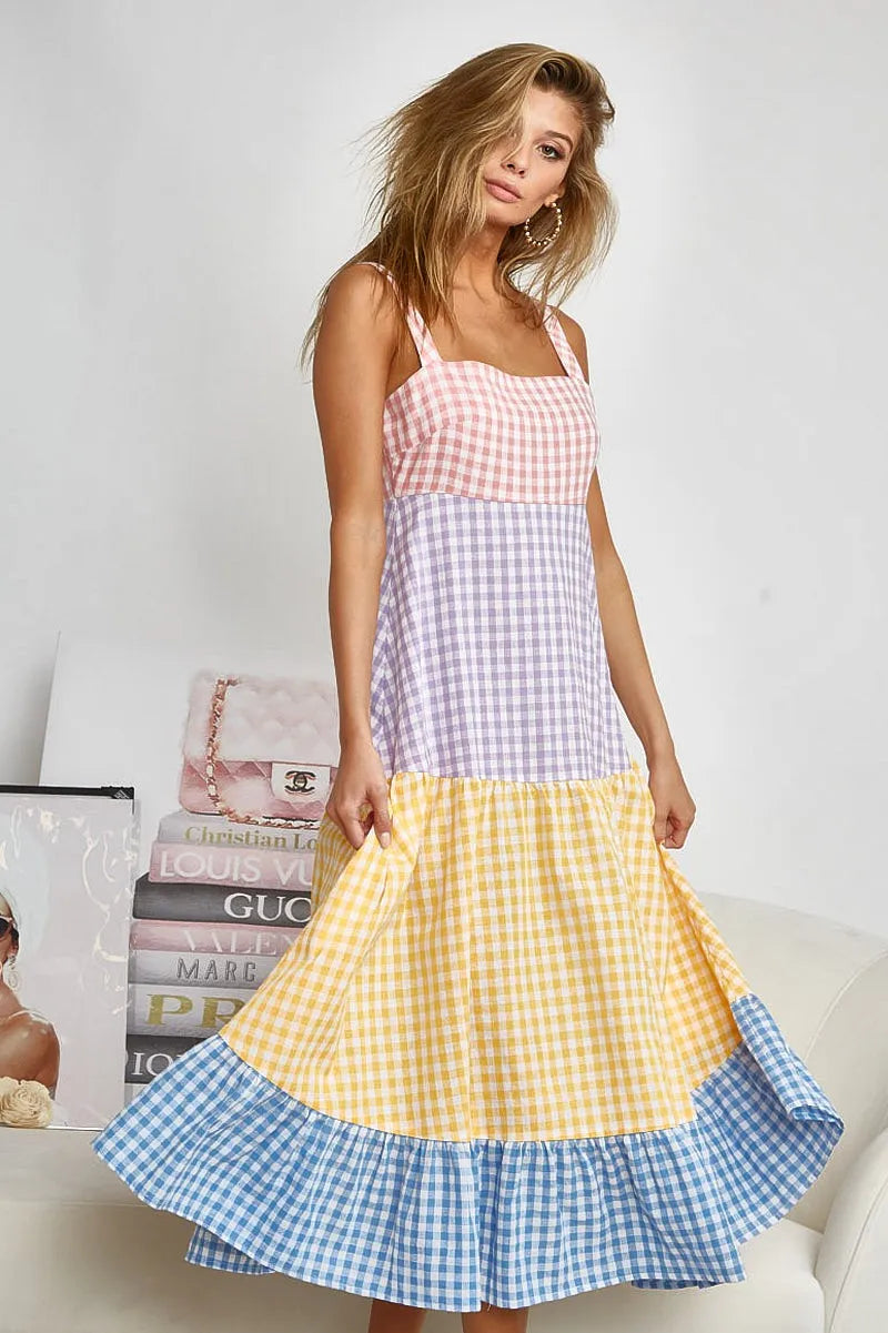Color Block Tiered Gingham Dress in Yello/Sage/Blue/Purp - product view 3