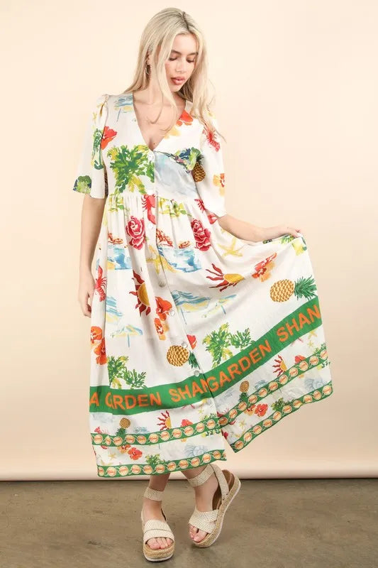 Button Down Printed Midi Dress - Ivory Mix - product view 3