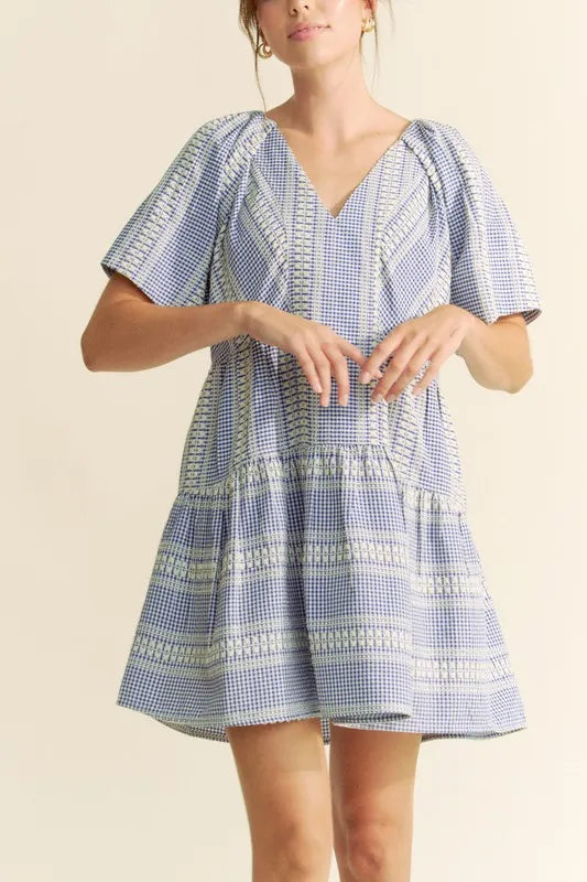 Embroidered Stripe Ruffled Gingham Mini Dress in Navy Blue - product view 4
