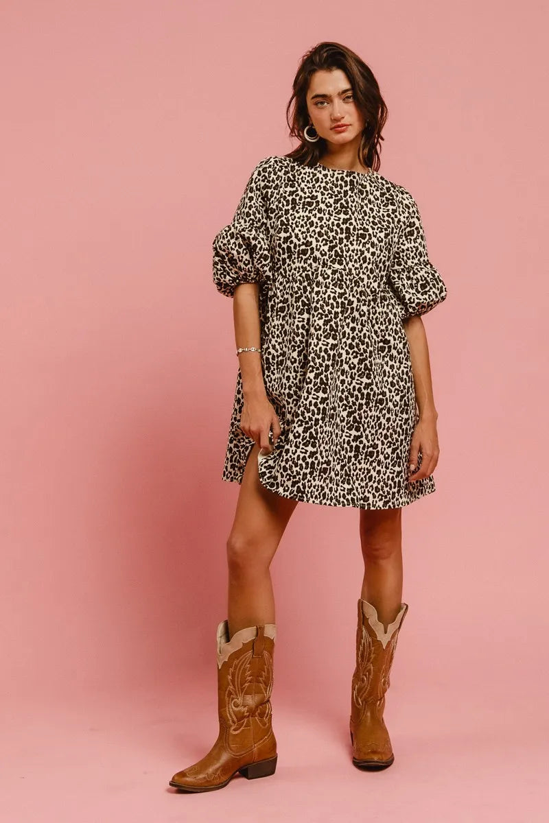 Leopard Denim Dress With Back Contrast Tie Detail in Off White Leopard - product view 4