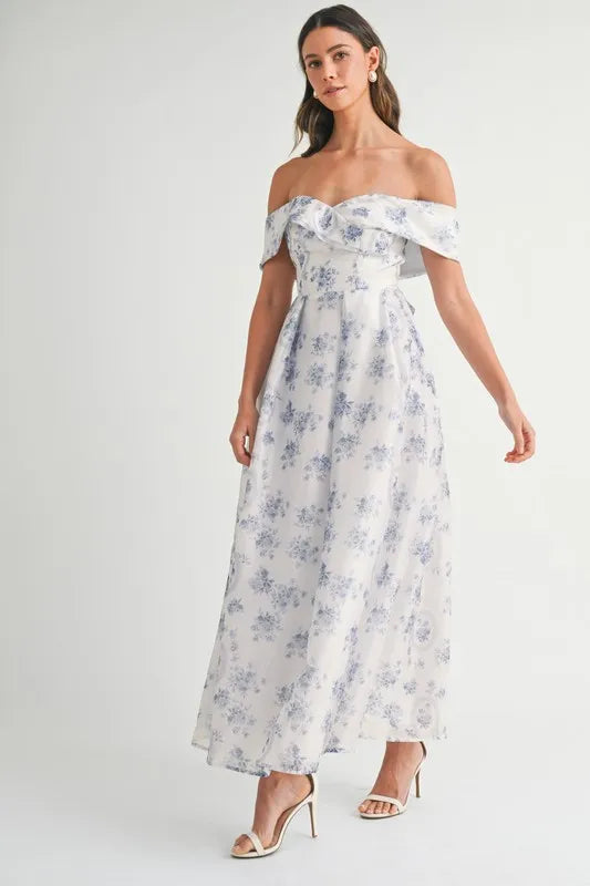 Floral Printed Off Shoulder Maxi Dress in Blue - product view 5