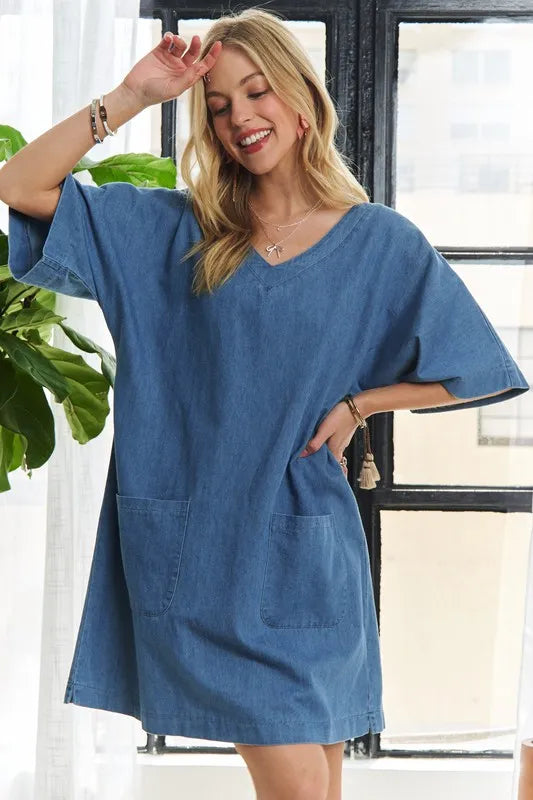 V-Neck Half Sleeve Mini Denim Dress in Peacock Blue - product view 1