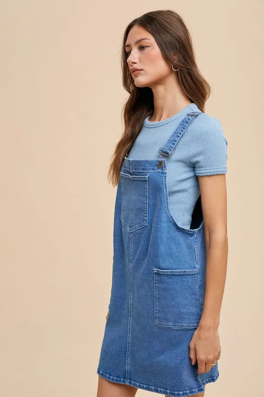 Wide Strap Denim Overall Dress with Pockets - Indigo Washed Denim - product view 2