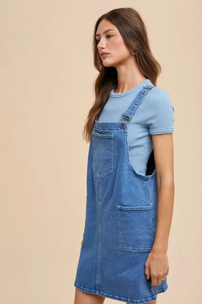 Wide Strap Denim Overall Dress with Pockets - Indigo Washed Denim - product view 2