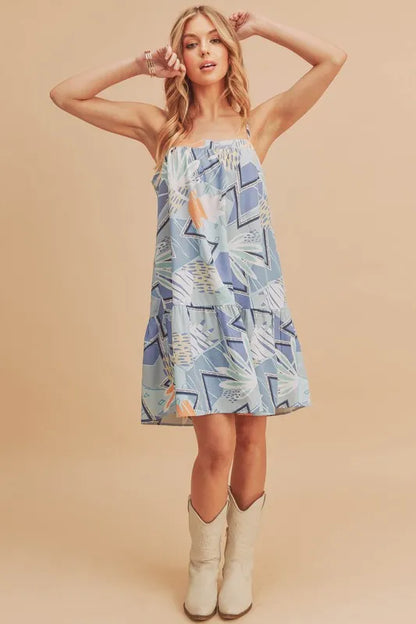 Printed Ruffled Hem Square Neck Mini Cami Dress in Light Blue - product view 1
