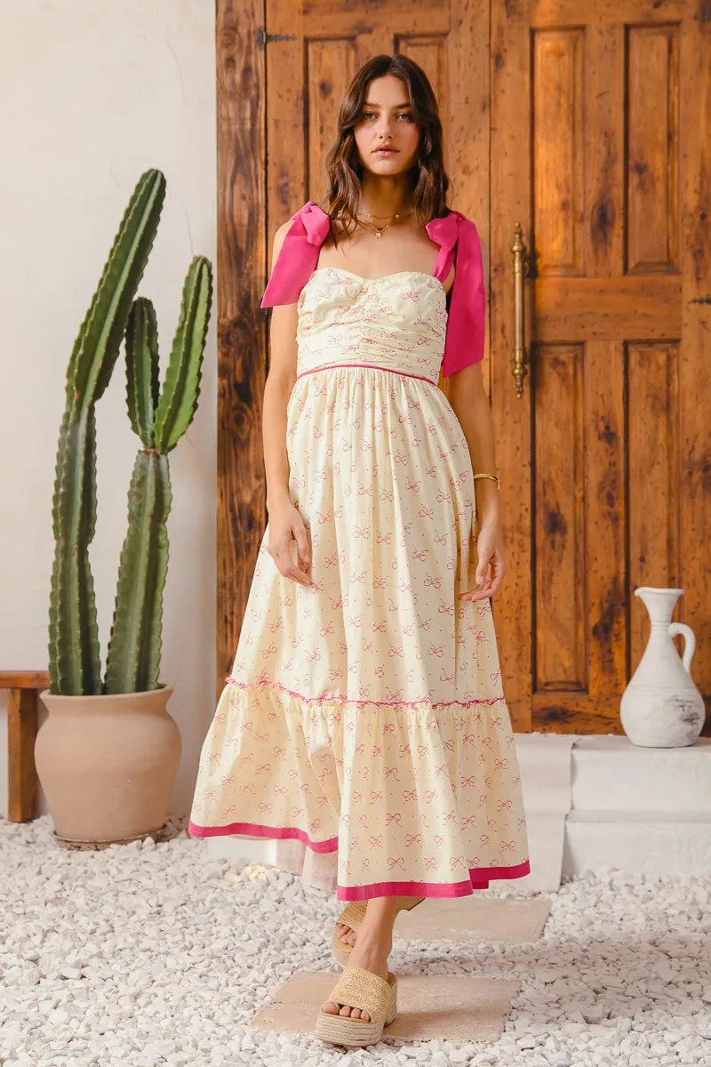 Ribbon Flowy Maxi Dress with Contrast Trim in Cream/Pink - product view 7