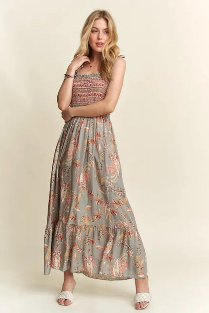 Smocked Printed Square Neck Tie Shoulder Cami Dress - Sage - product view 2
