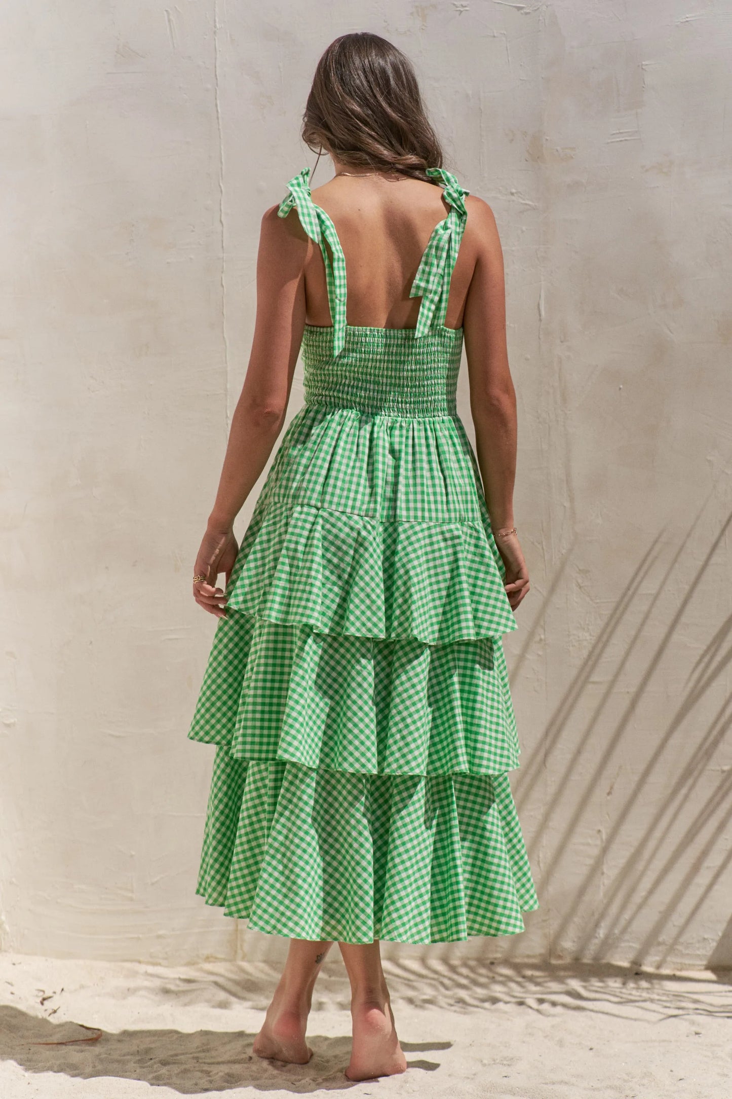 Full Size Sleeveless Gingham Print Tiered Midi Dress Plus Size in Green - product view 5