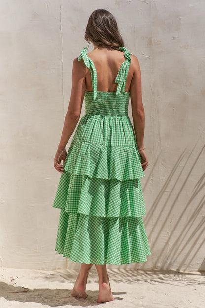 Full Size Sleeveless Gingham Print Tiered Midi Dress Plus Size in Green - product view 5