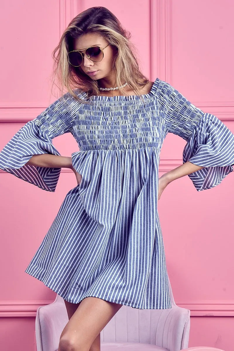 Smocked Off Shoulder Striped Dress - Denim - product view 5