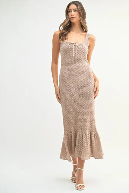 Ruffled Hem Sleeveless Crochet Knit Midi Dress in Mocha - product view 3